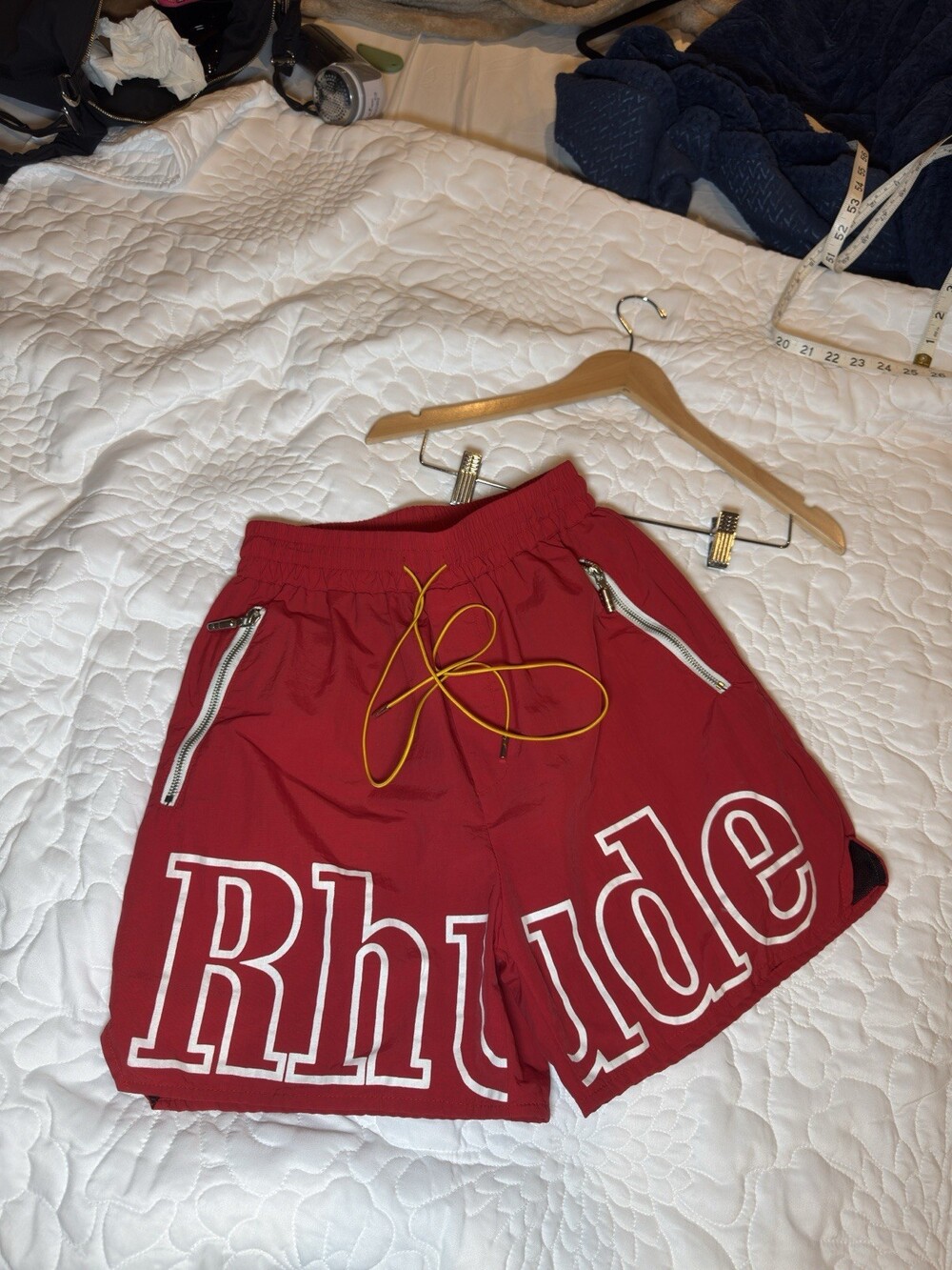 Authentic S Rhude Red Silver Pill Nylon Luxury Streetwear Shorts 28 Elastic 3”